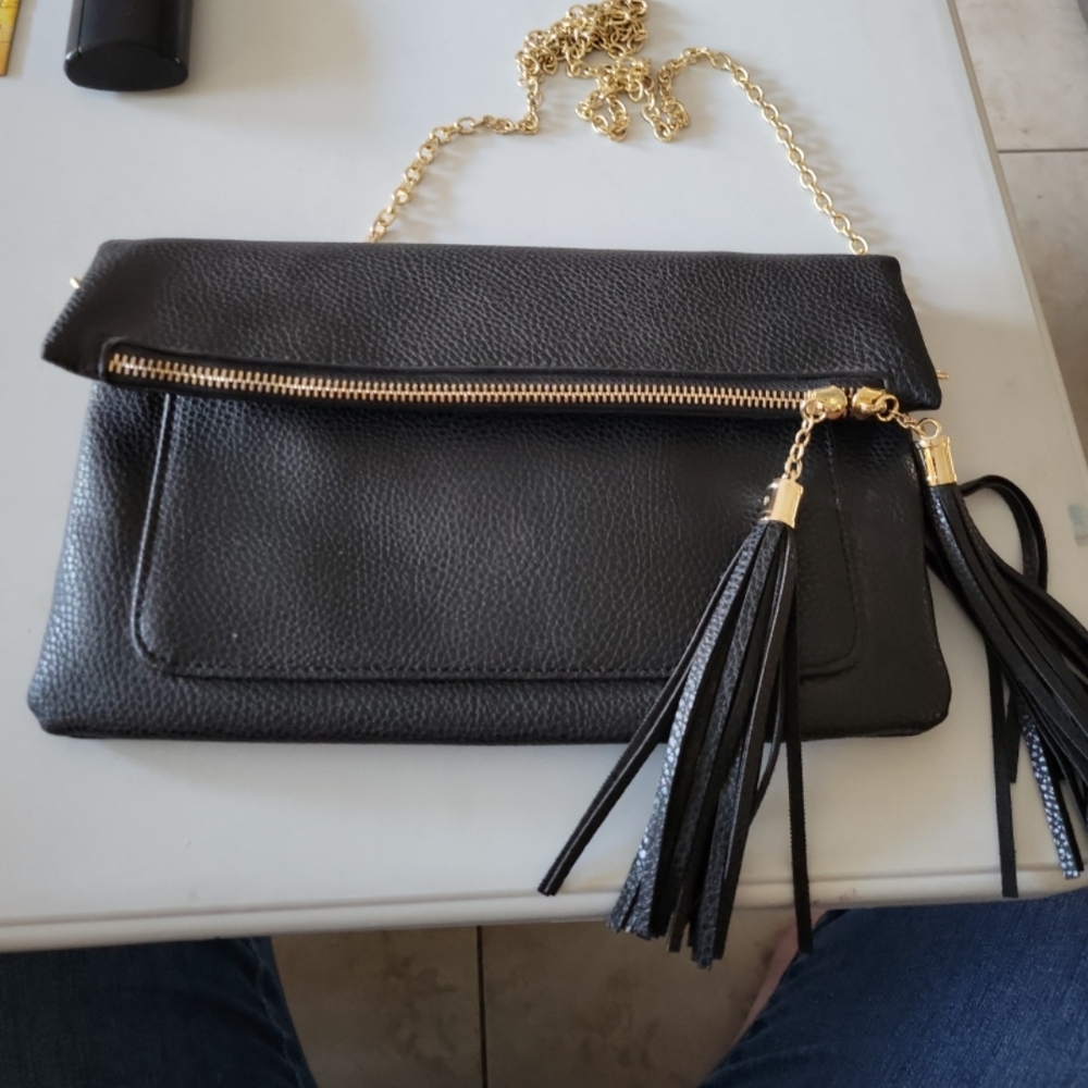 Chic Black Clutch with Gold Chain and Tassels